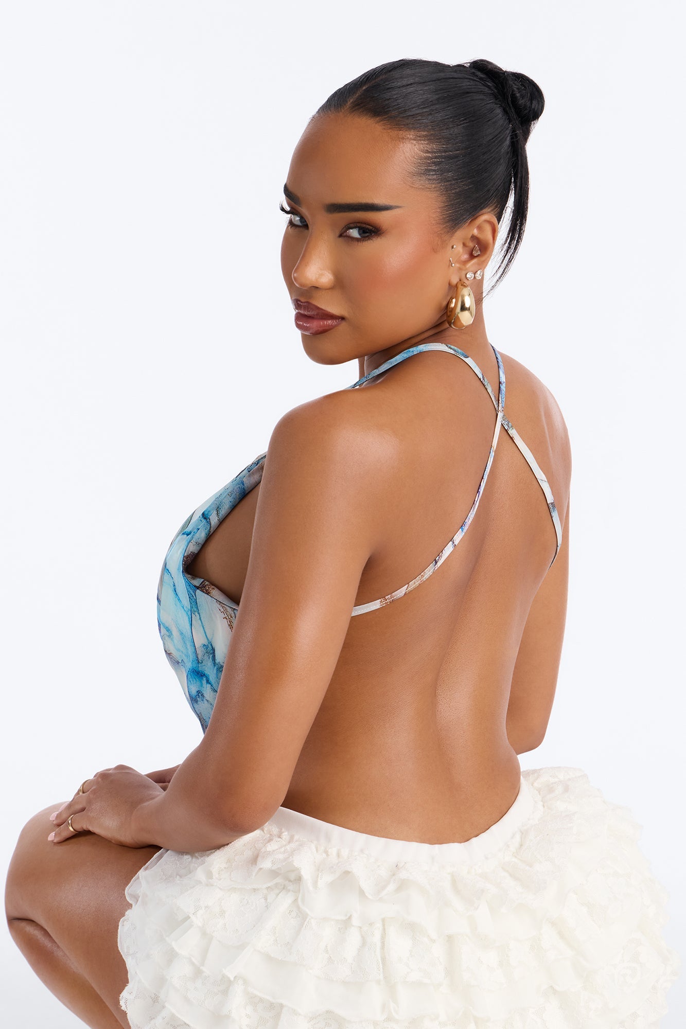 Sugar High Beaded Satin Halter Top - Blue/combo Fashion Nova