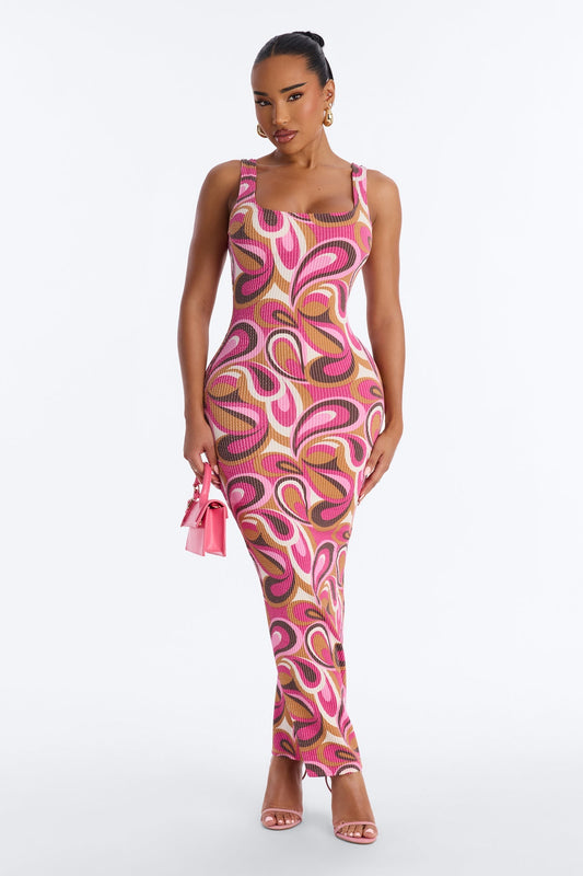 Valentina Ribbed Maxi Dress - Magenta/combo NEWFASHIONEDGE