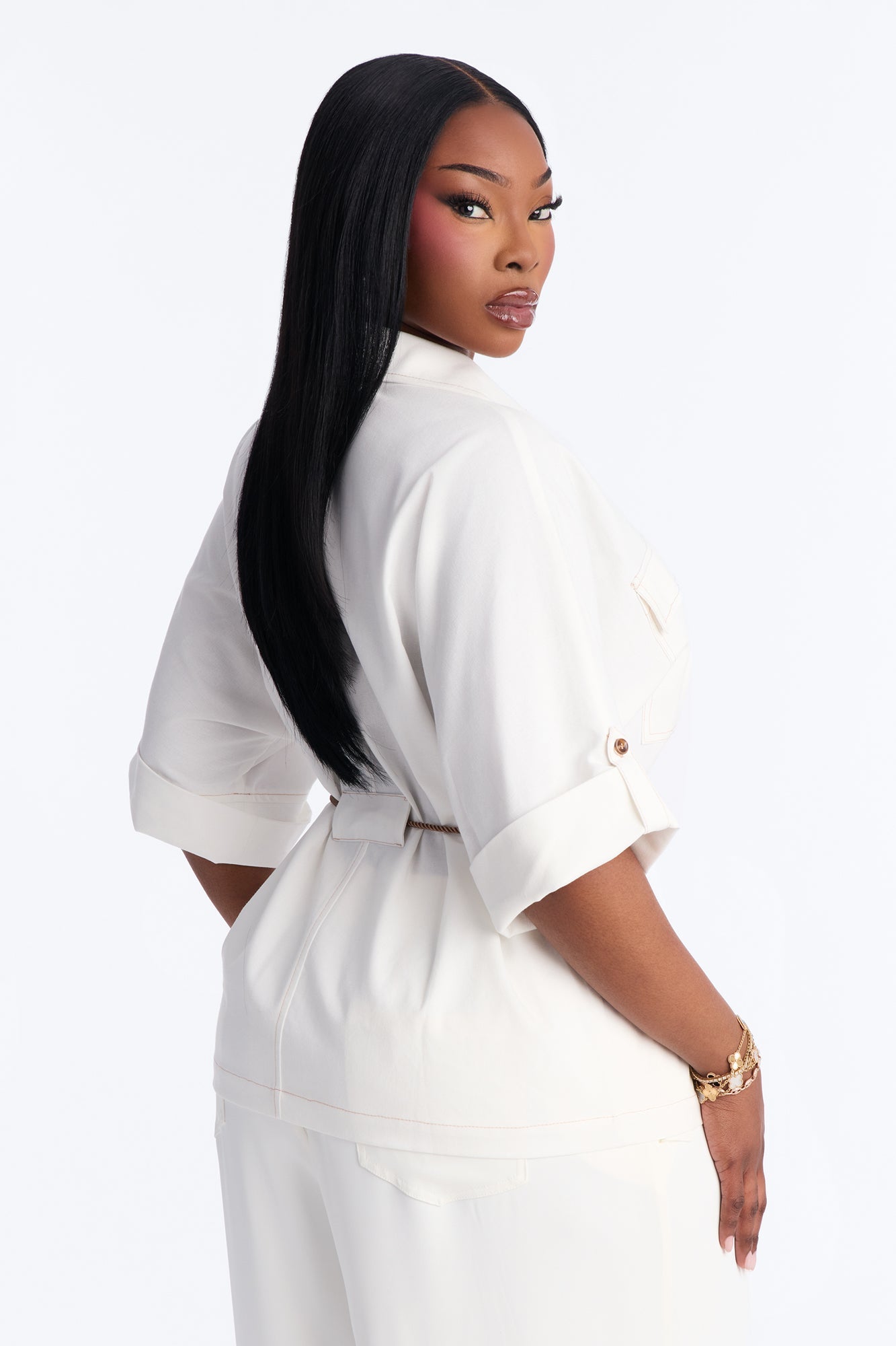 Casual Class Belted Linen Shirt - White NEWFASHIONEDGE