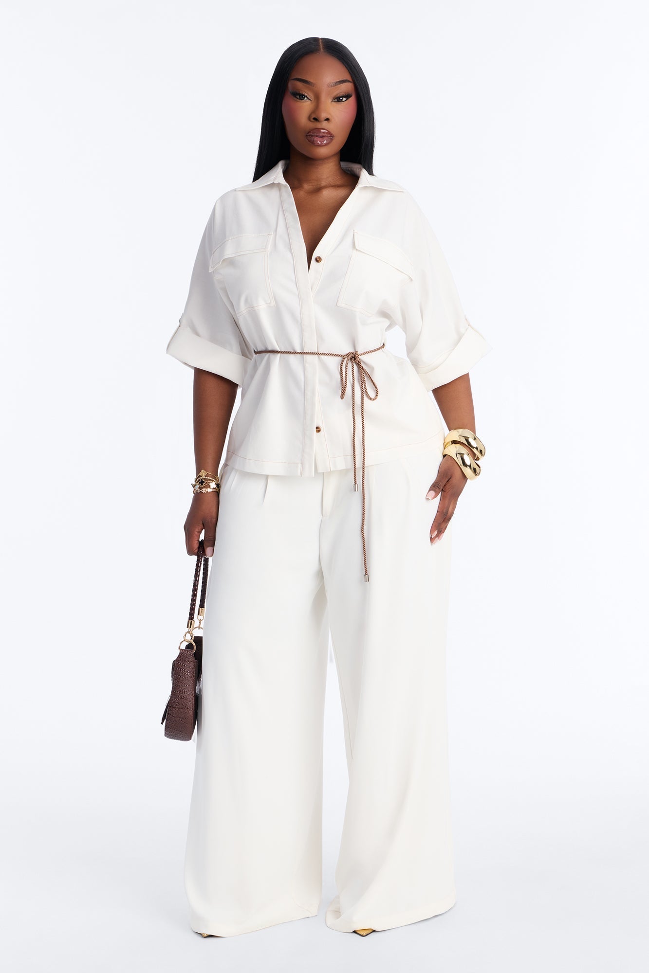 Casual Class Belted Linen Shirt - White NEWFASHIONEDGE