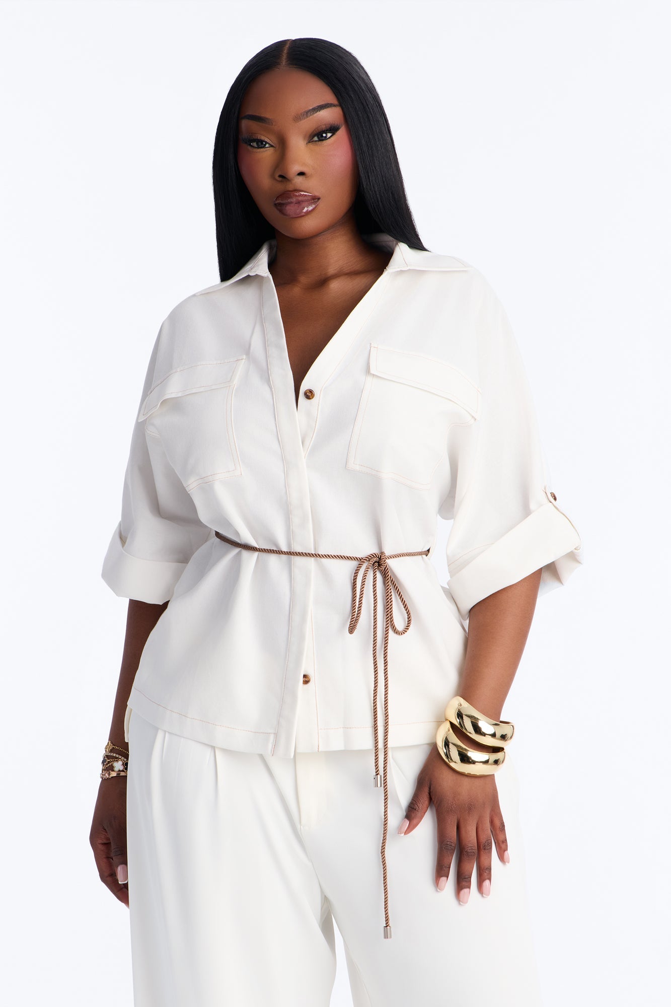 Casual Class Belted Linen Shirt - White