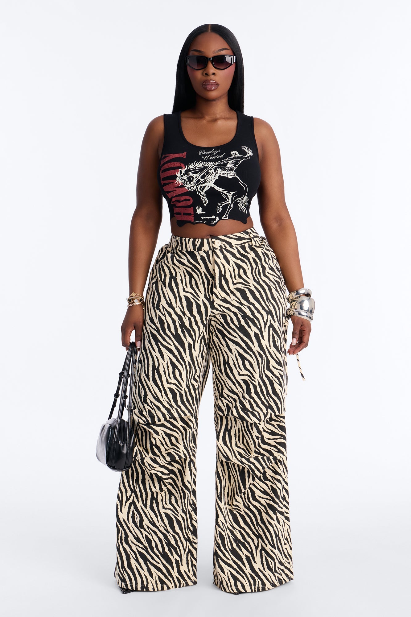 Daring Zebra Wide Leg Pleated Pants 33″ - Black/combo