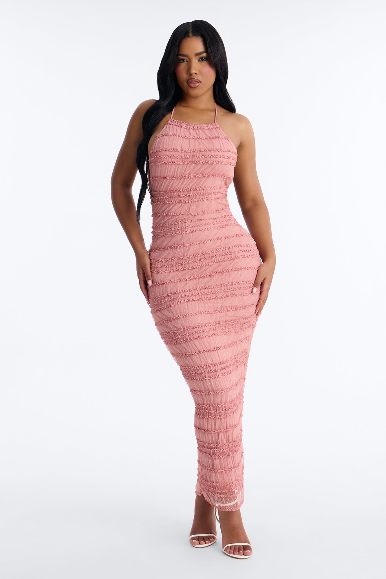 Jane Ruched Lace Maxi Dress - Pink Fashion Nova