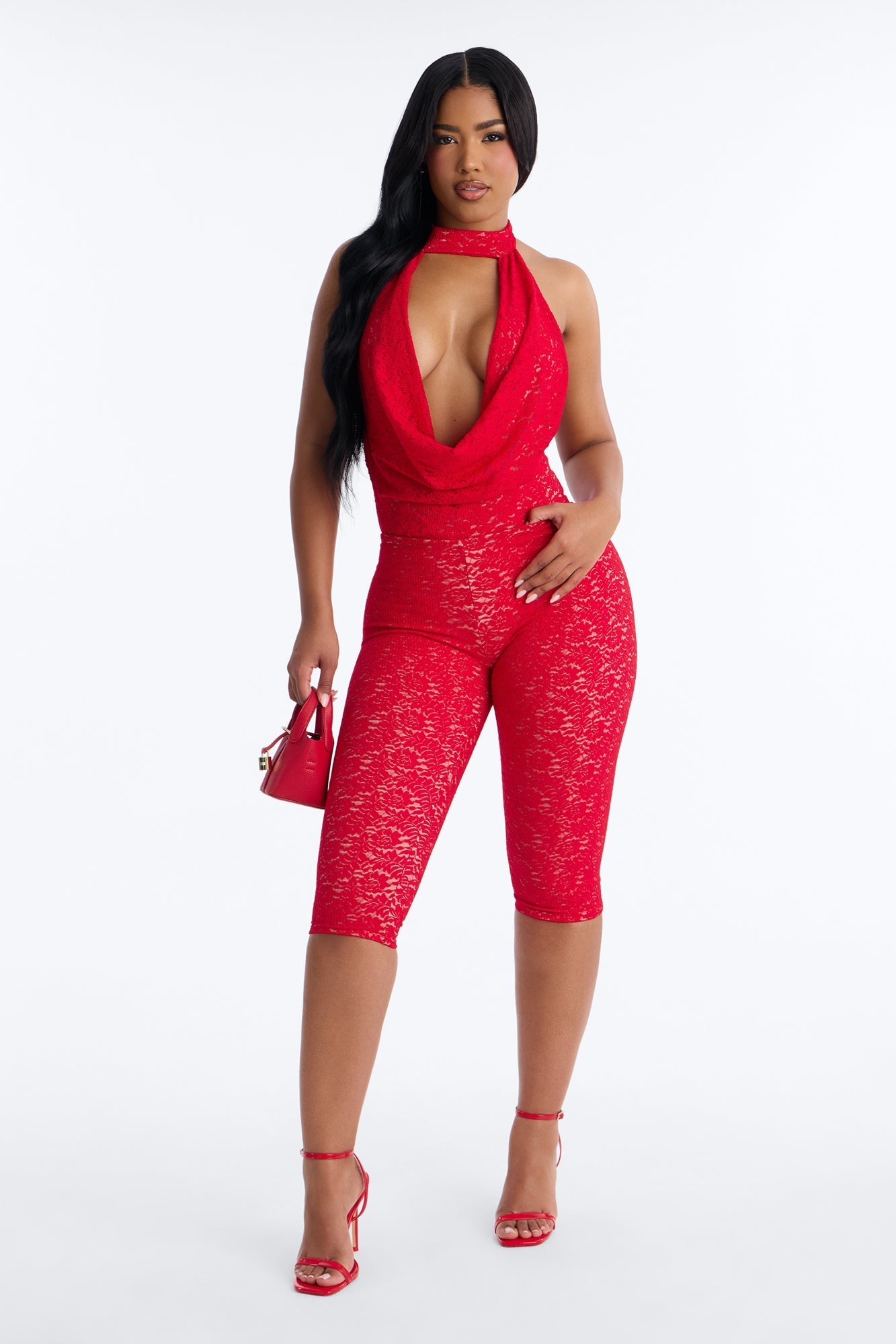 Stella Backless Lace Capri Set - Red NEWFASHIONEDGE