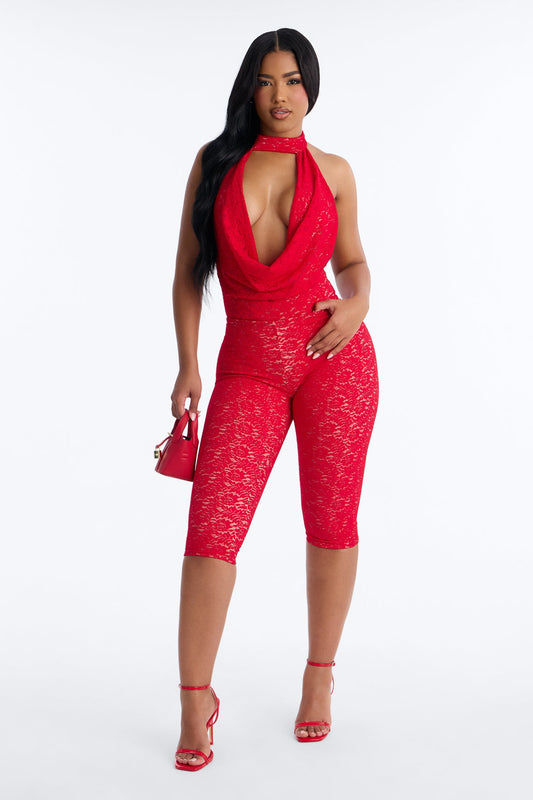 Stella Backless Lace Capri Set - Red