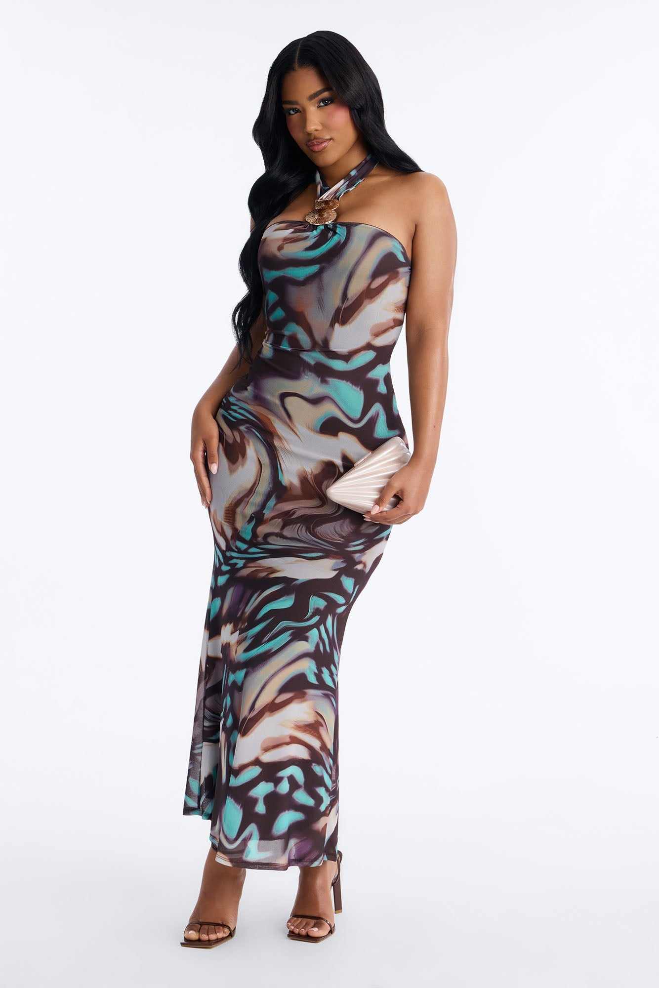 Bad Habits Halter Mesh Maxi Dress - Brown/combo NEWFASHIONEDGE