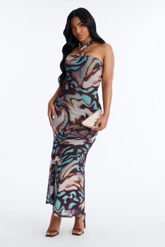 Bad Habits Halter Mesh Maxi Dress - Brown/combo NEWFASHIONEDGE