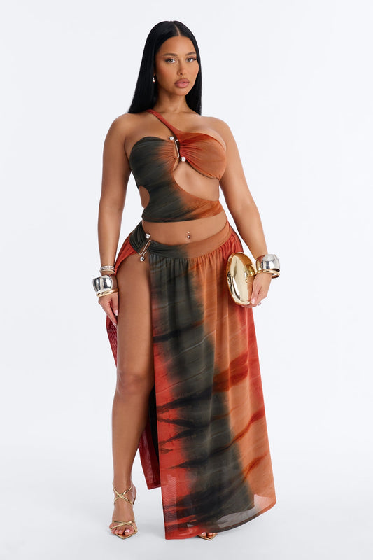 Sunkissed Flame Mesh Skirt Set - Rust/combo