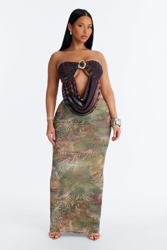 Tropical Bloom Mesh Maxi Skirt - Green/combo NEWFASHIONEDGE
