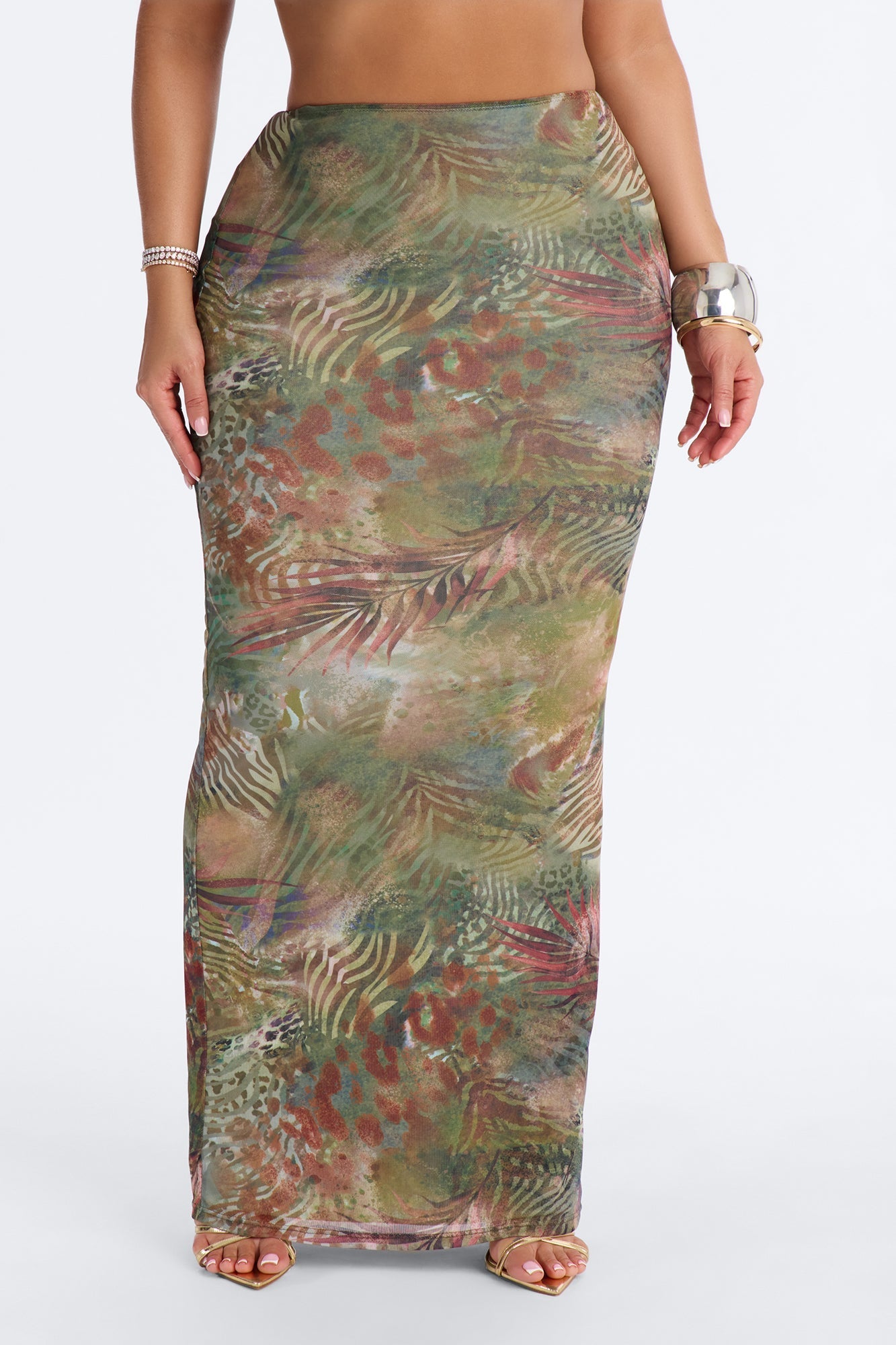 Tropical Bloom Mesh Maxi Skirt - Green/combo NEWFASHIONEDGE