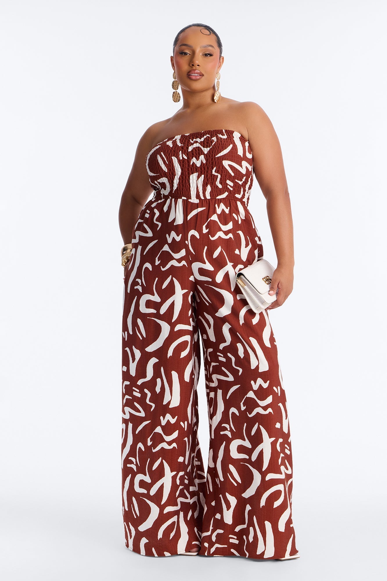 Faye Strapless Abstract Wide Leg Jumpsuit - Rust/combo NEWFASHIONEDGE