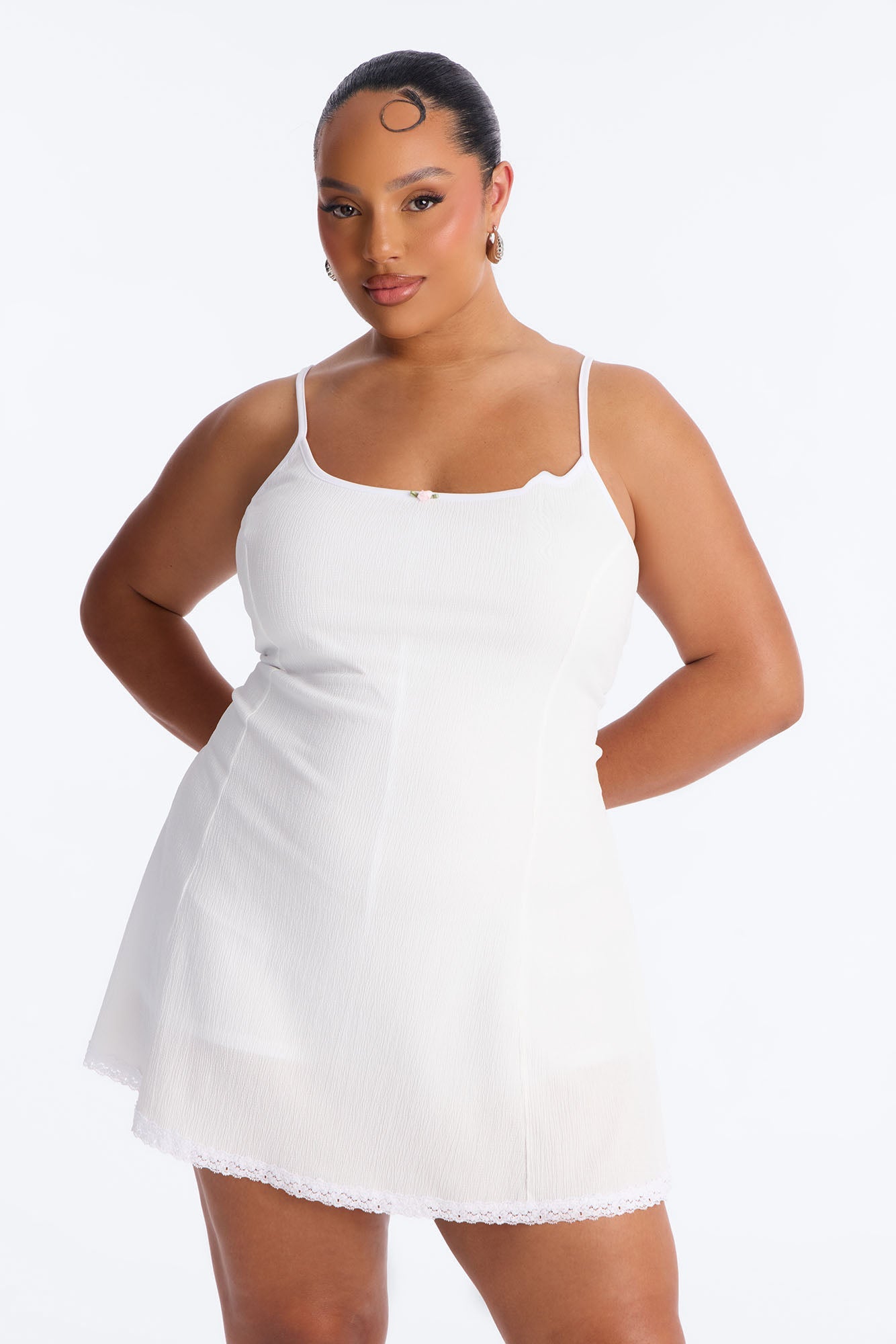 Rachel Lace Trim Textured Mini Dress - Off White