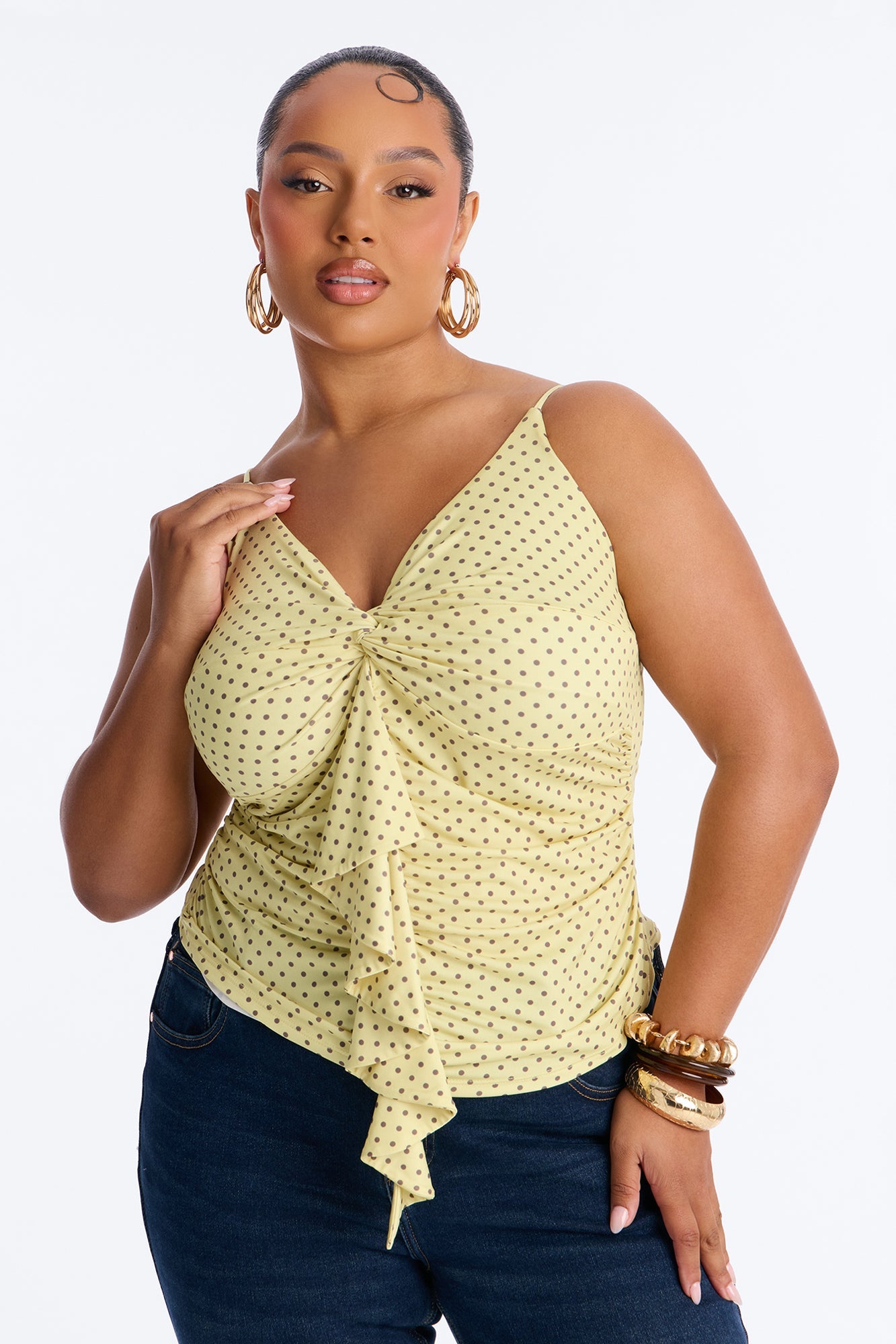 Sunny Polka Dot Ruffle Twist Tank Top - Yellow/combo Fashion Nova