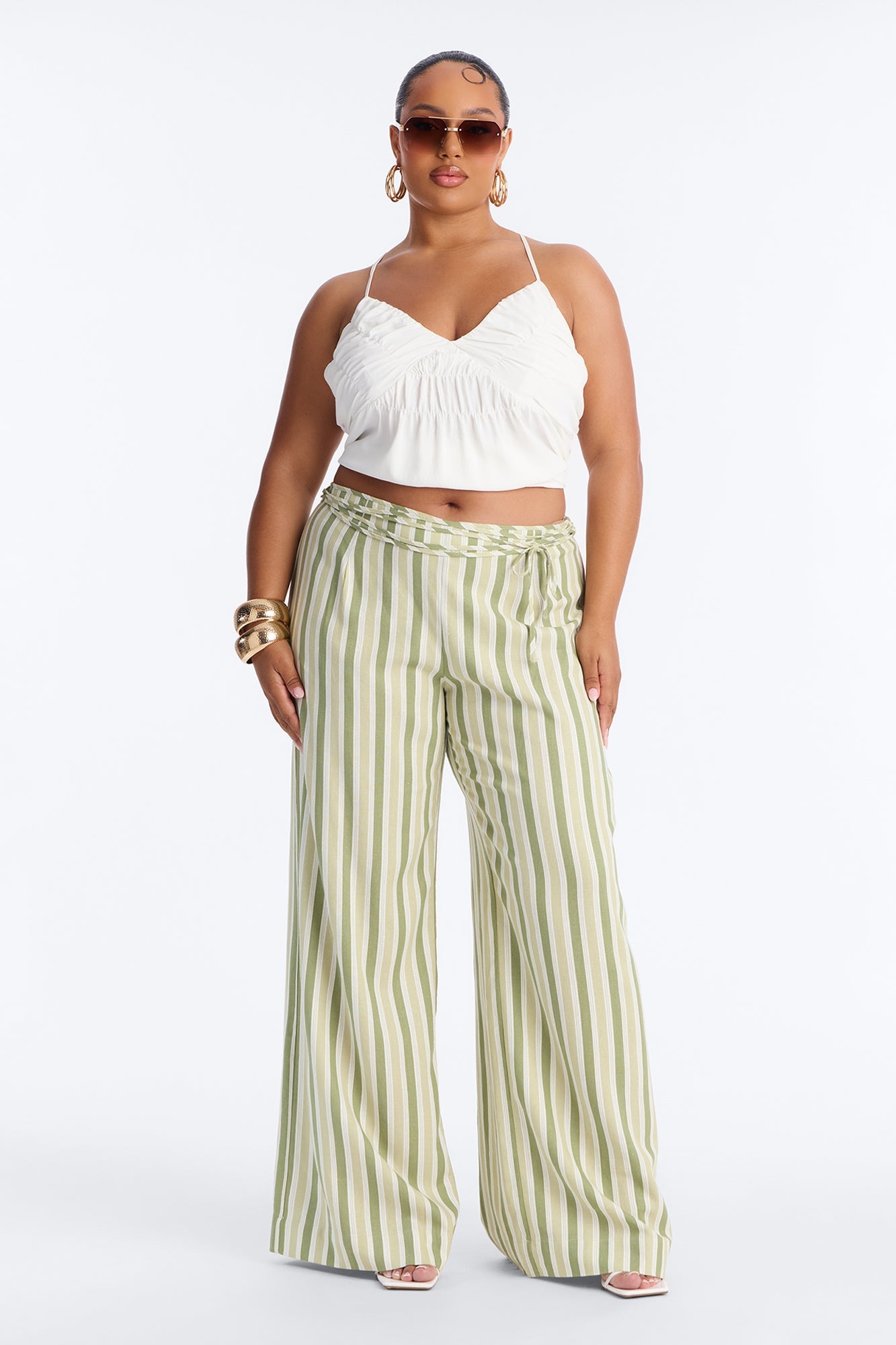 Lurice Low Rise Striped Linen Wide Leg Pant - Sage/combo
