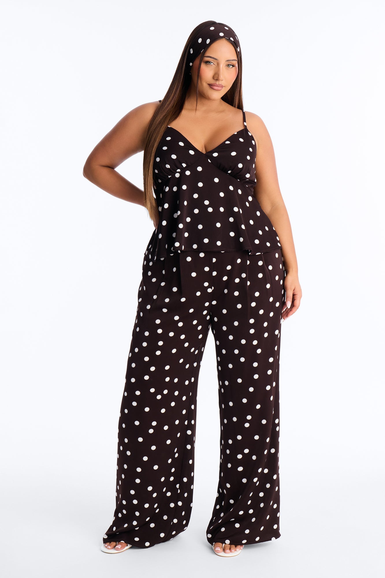 Monique Satin Polka Dot 3 Piece Pant Set - Brown Combo Fashion Nova