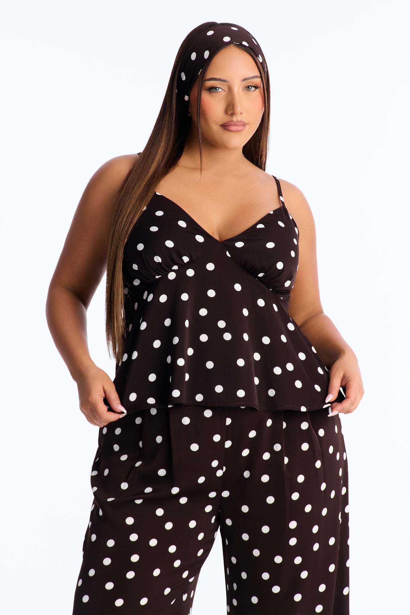 Monique Satin Polka Dot 3 Piece Pant Set - Brown Combo Fashion Nova