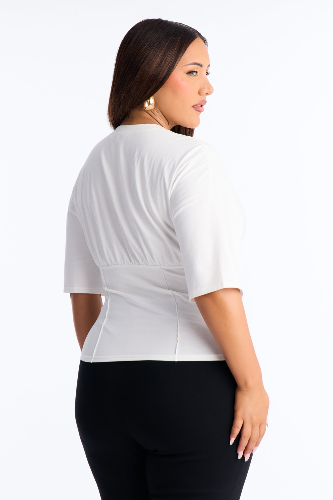 Kaylee Cinched Waist Short Sleeve T-Shirt - White NEWFASHIONEDGE