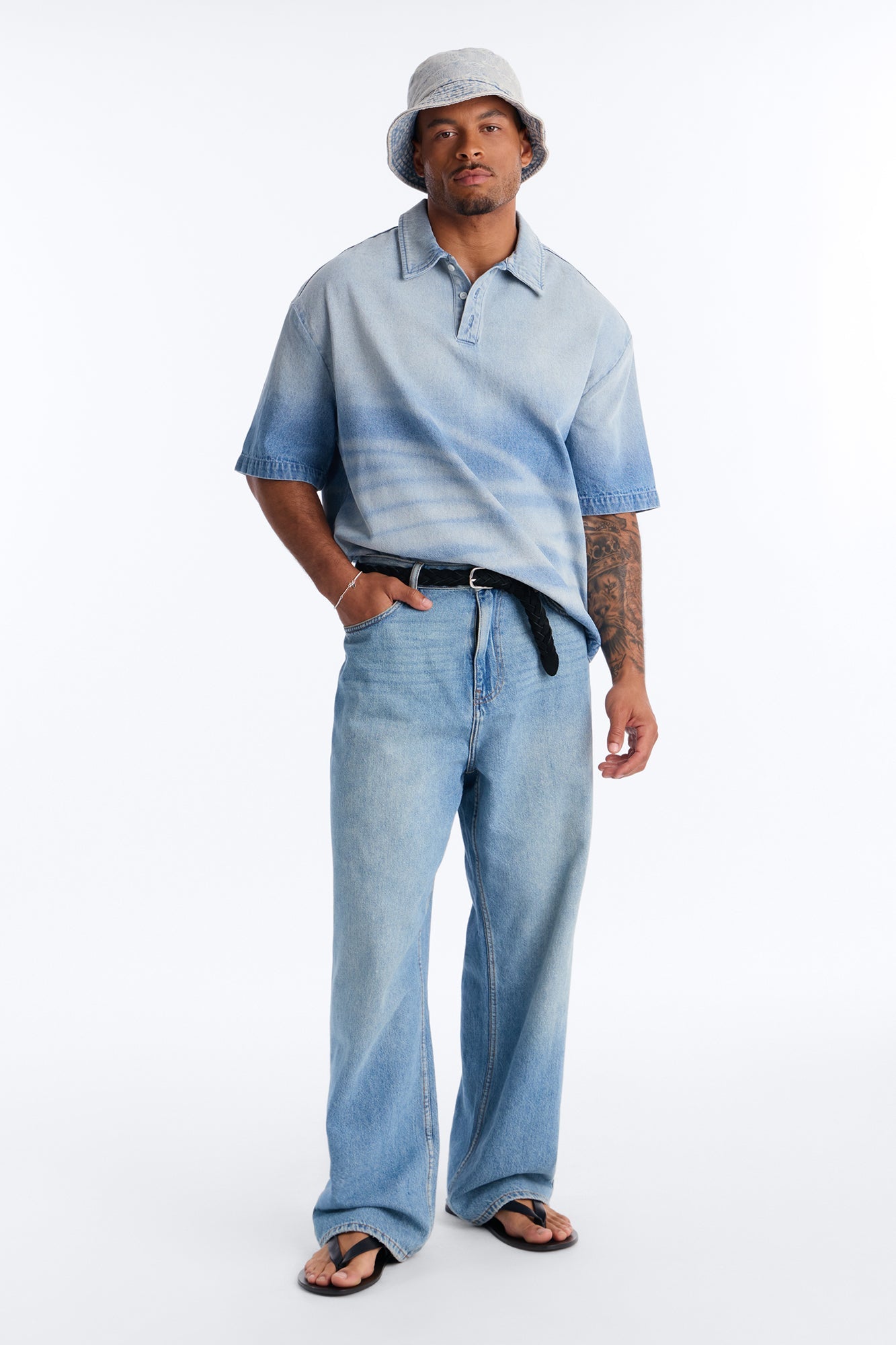 Boxy Faded Wave Denim Polo - Light Blue Wash