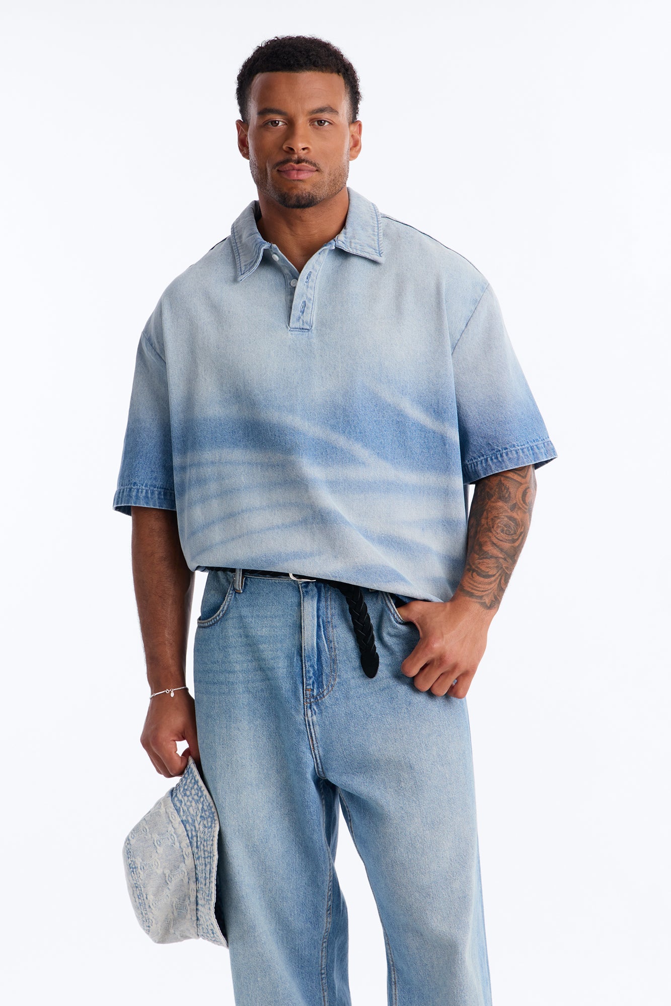 Boxy Faded Wave Denim Polo - Light Blue Wash