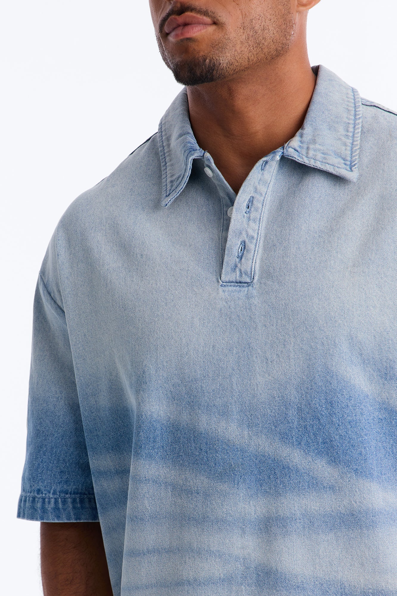 Boxy Faded Wave Denim Polo - Light Blue Wash