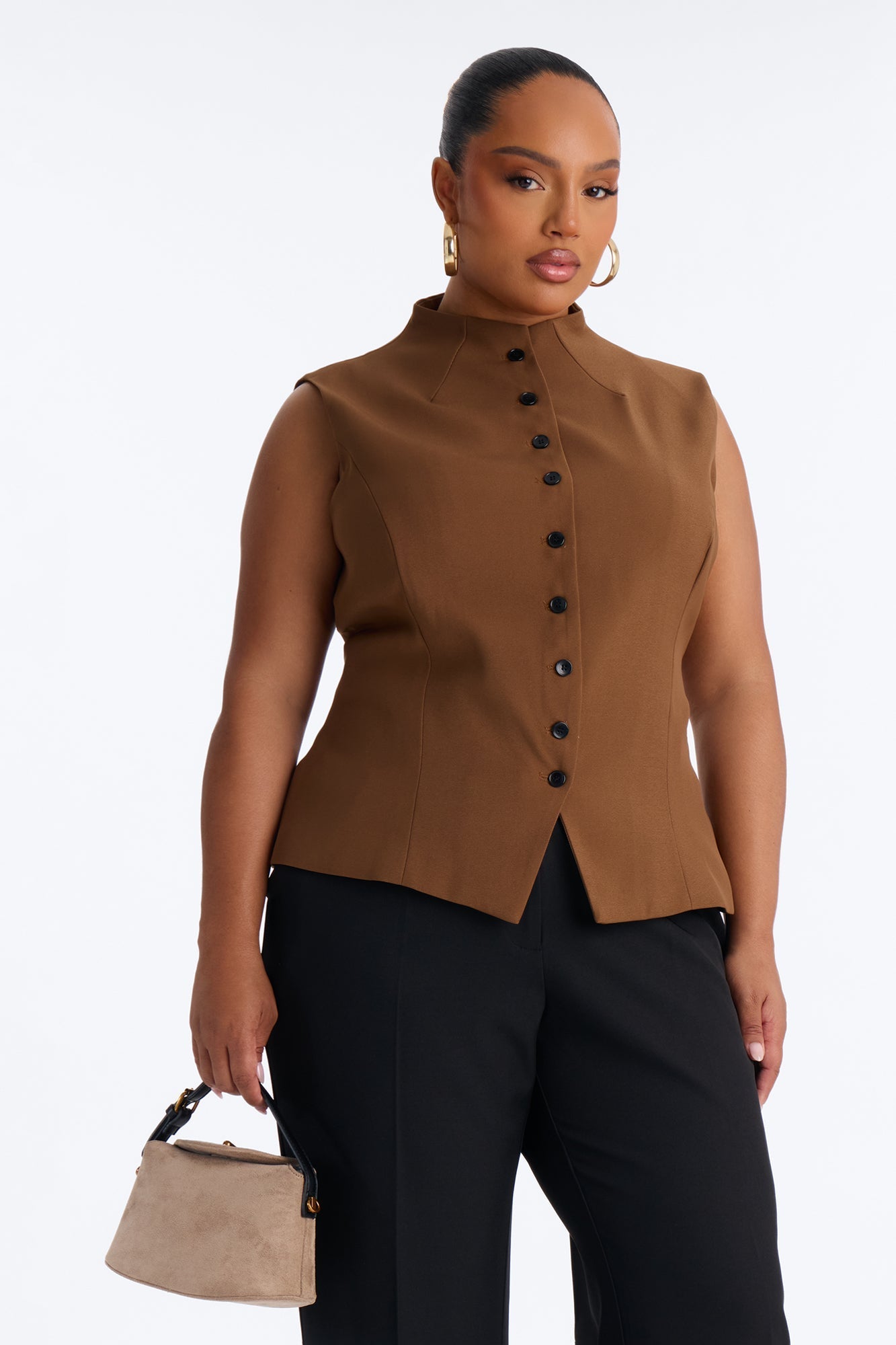 Lana Mock Neck Twill Top - Mocha NEWFASHIONEDGE
