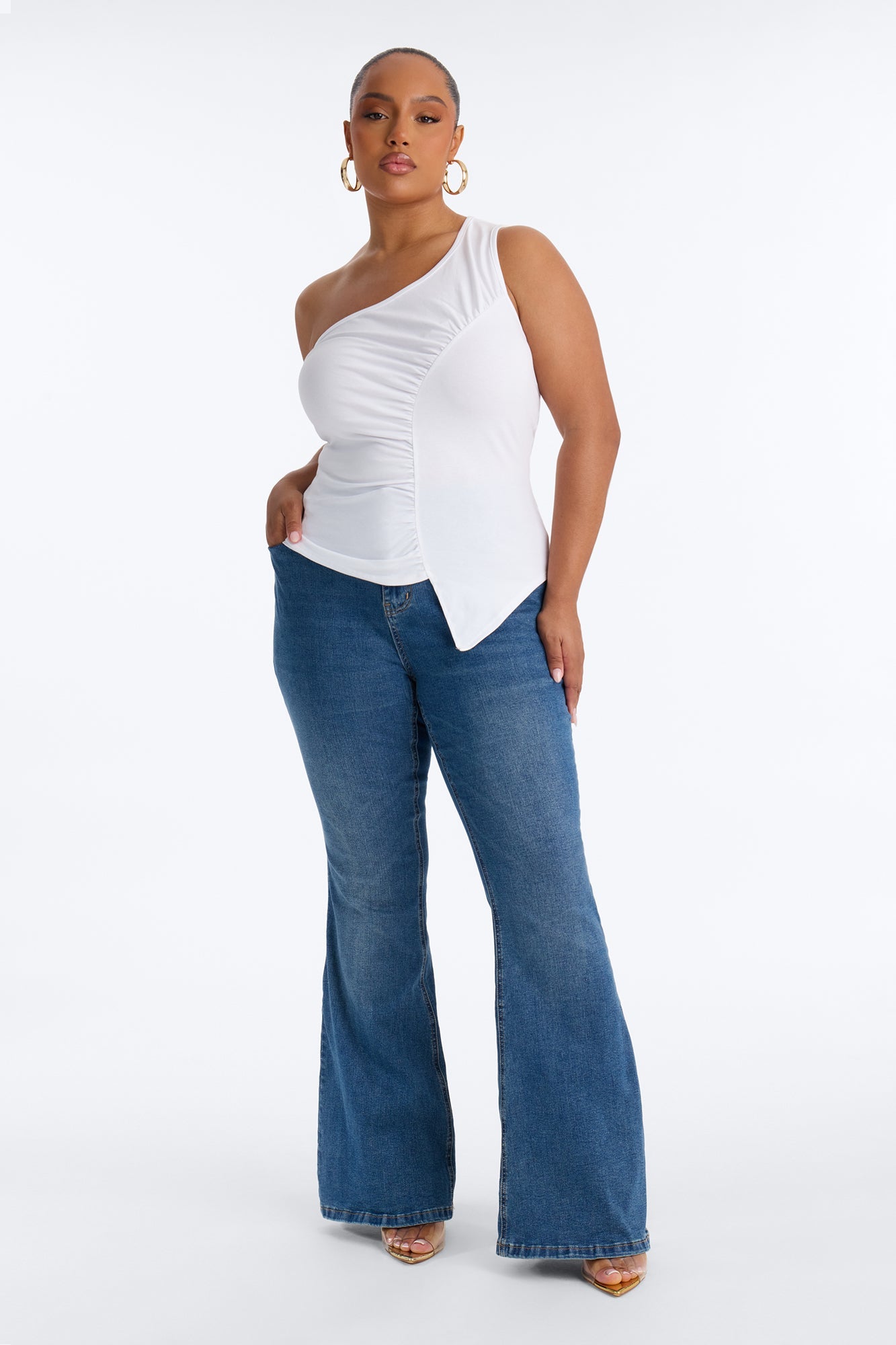 Malika Ruched One Shoulder Sleeveless Top - White