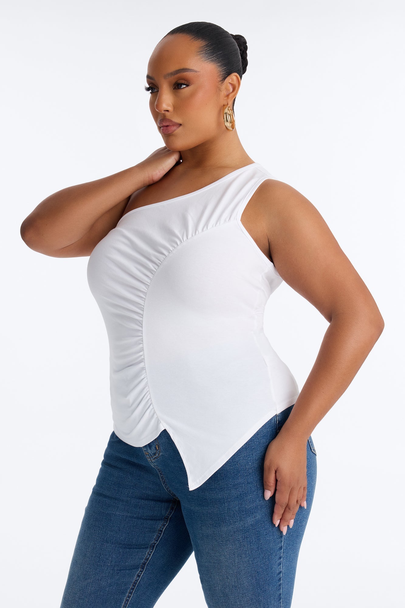 Malika Ruched One Shoulder Sleeveless Top - White NEWFASHIONEDGE