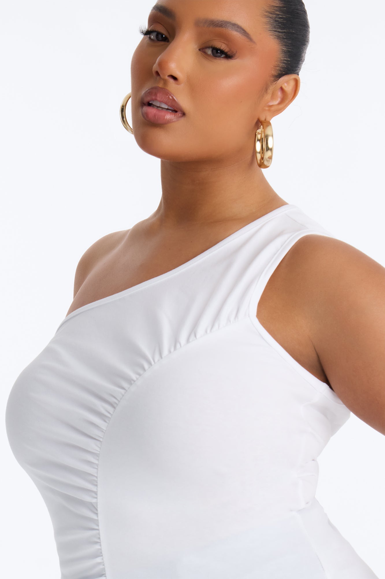 Malika Ruched One Shoulder Sleeveless Top - White NEWFASHIONEDGE