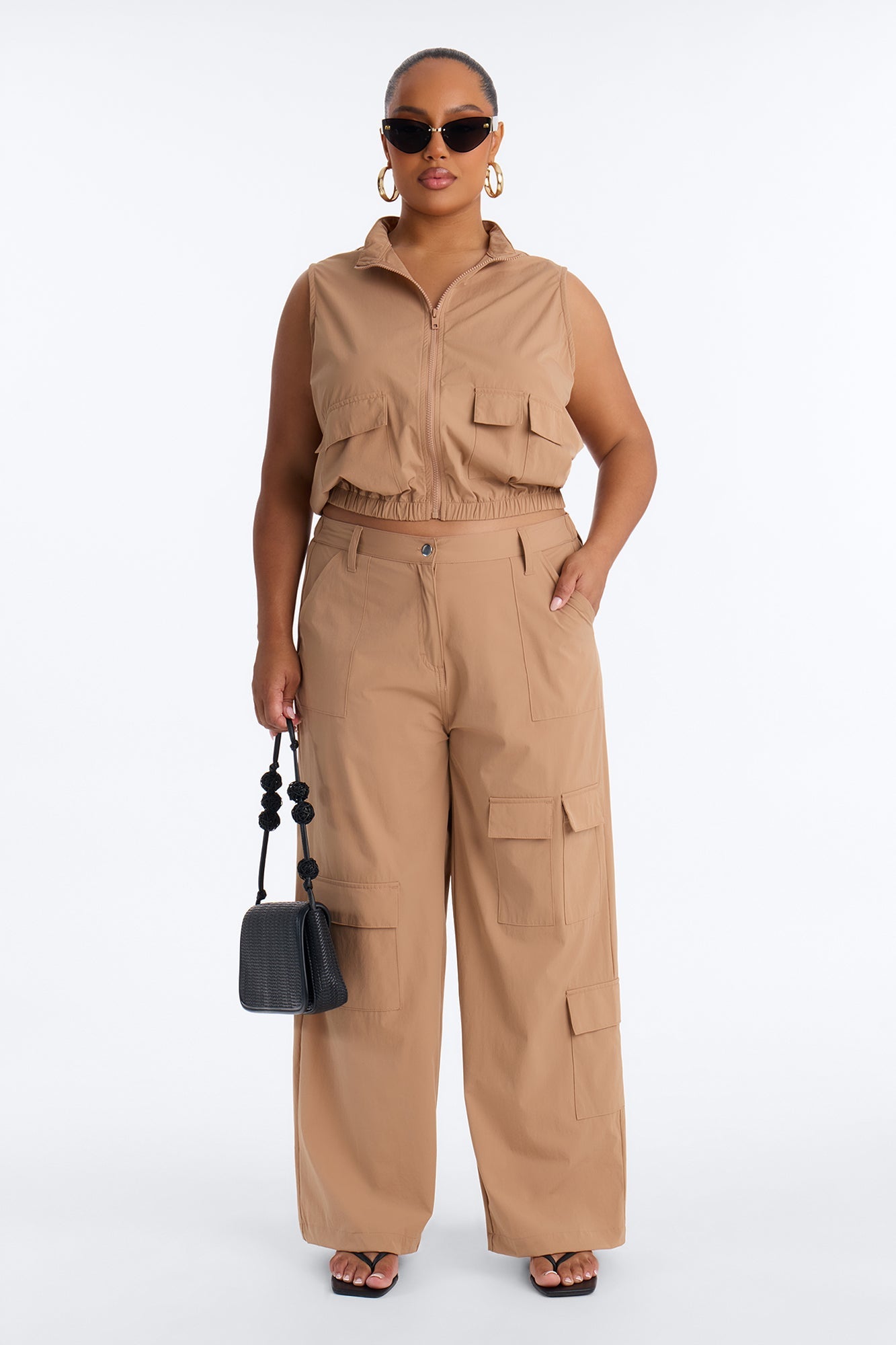Nessa Nylon Cargo Sleeveless Vest Pant Set - Tan