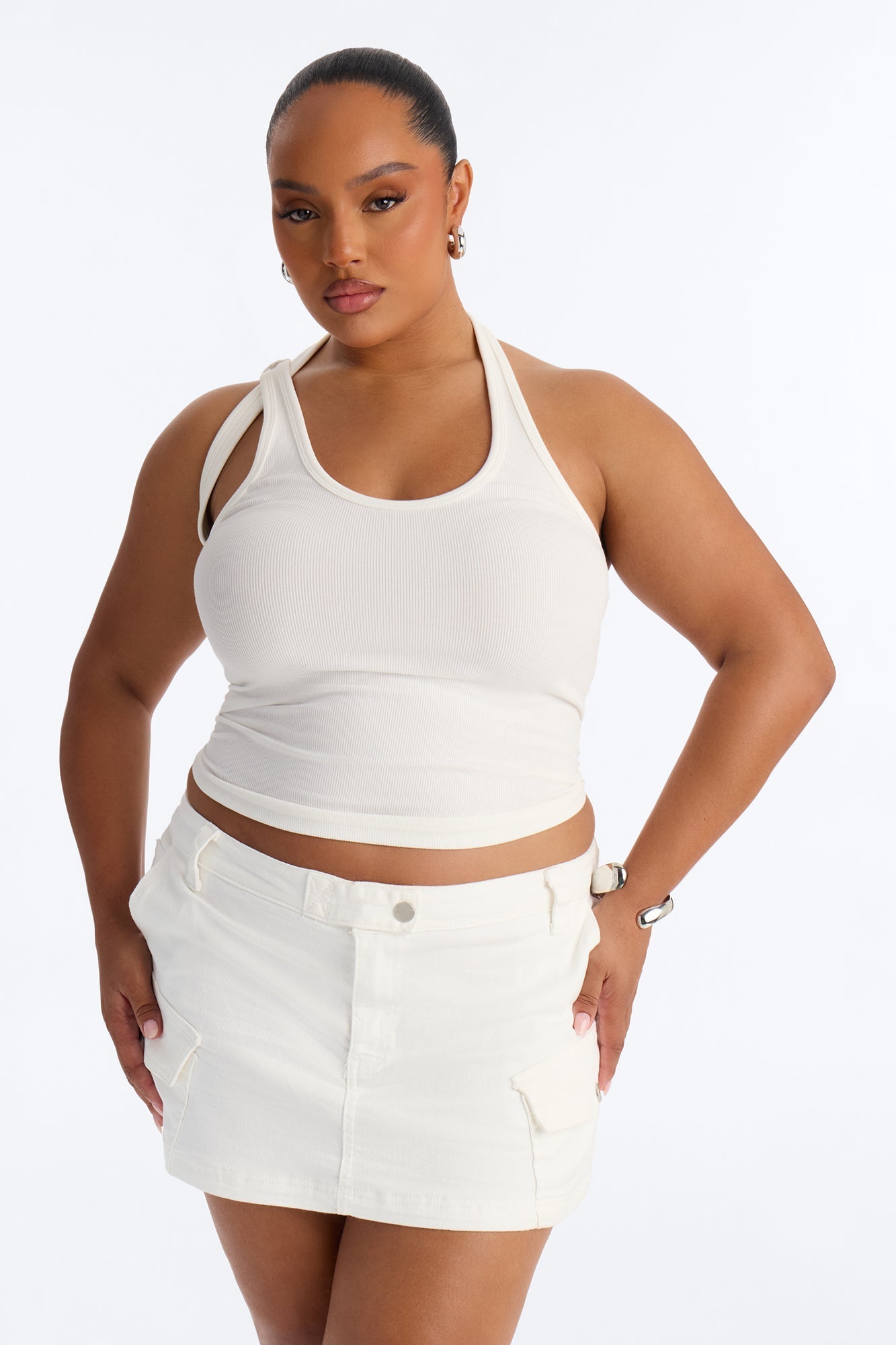 City Streets Ribbed Layered Off Shoulder Halter Top - White