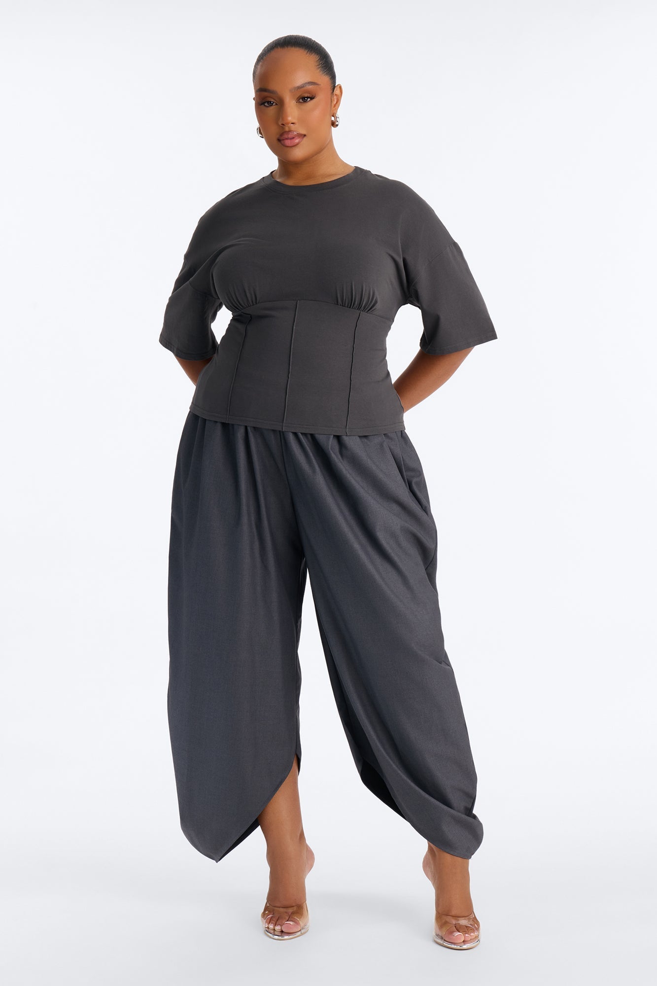 Kaylee Cinched Waist Short Sleeve T-Shirt - Charcoal NEWFASHIONEDGE