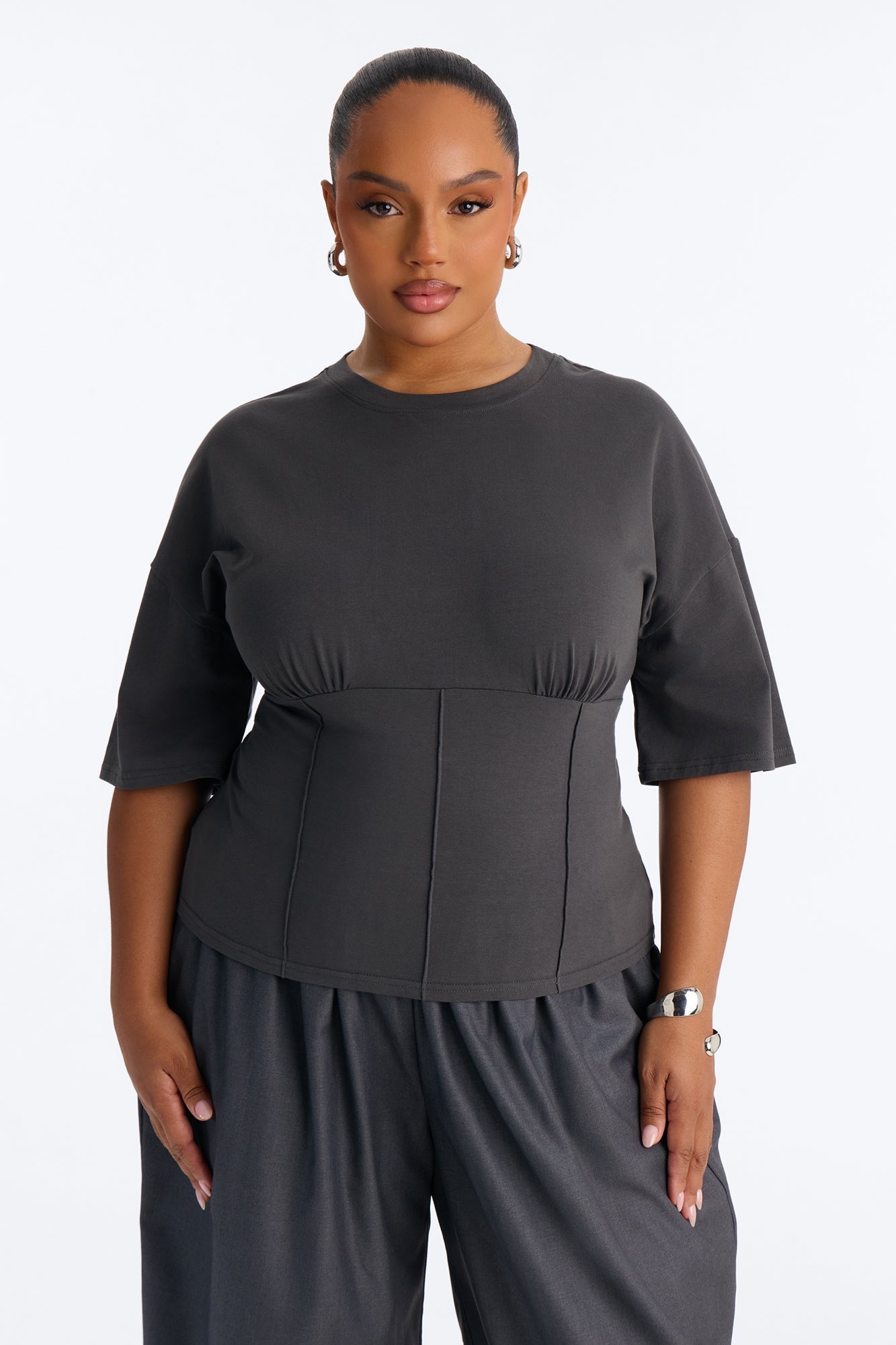 Kaylee Cinched Waist Short Sleeve T-Shirt - Charcoal NEWFASHIONEDGE