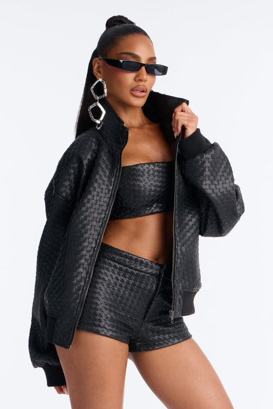 Vivian Woven Faux Leather Bomber Jacket - Black NEWFASHIONEDGE