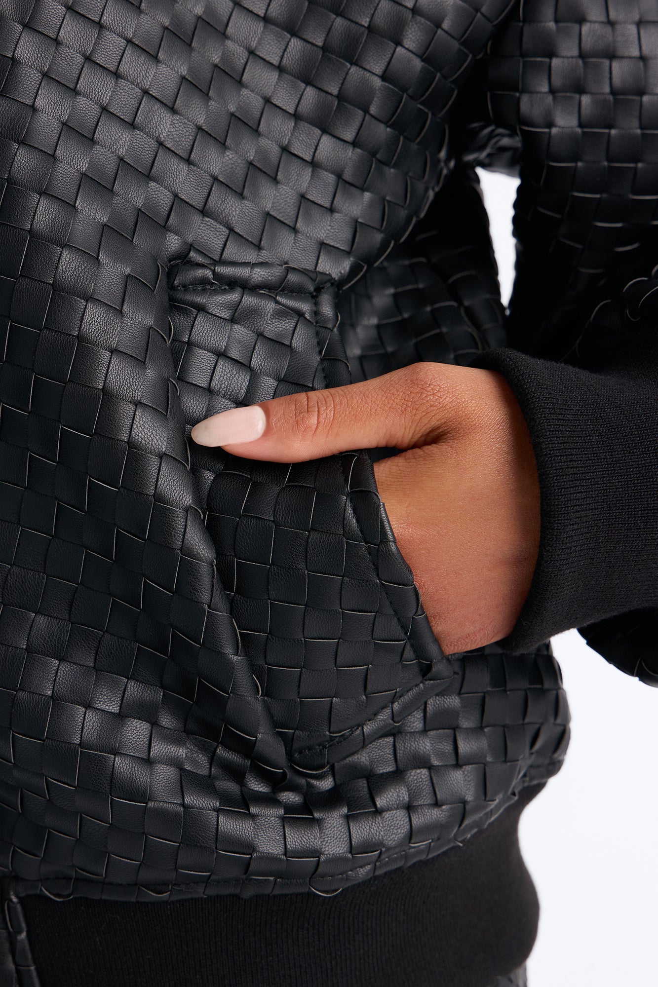 Vivian Woven Faux Leather Bomber Jacket - Black