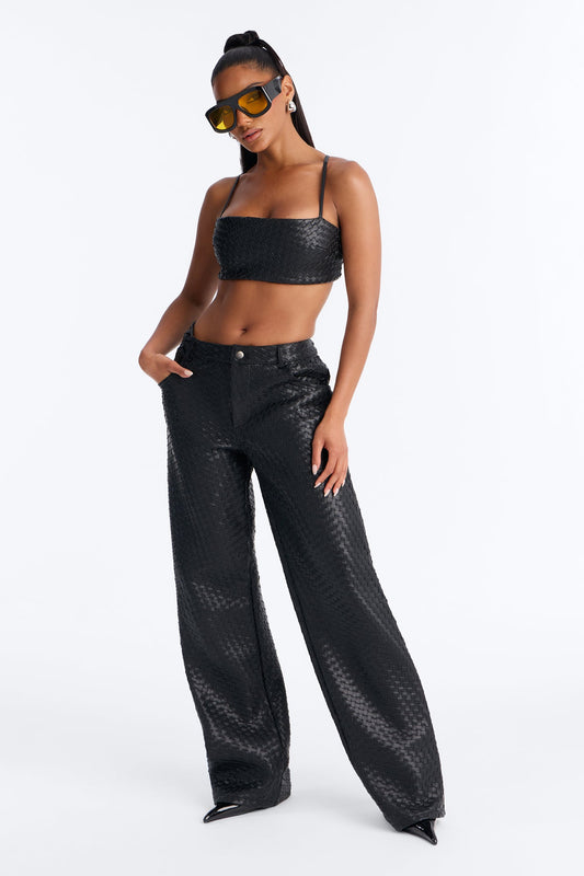 Vivian Low Rise Woven Faux Leather Wide Leg Pant - Black