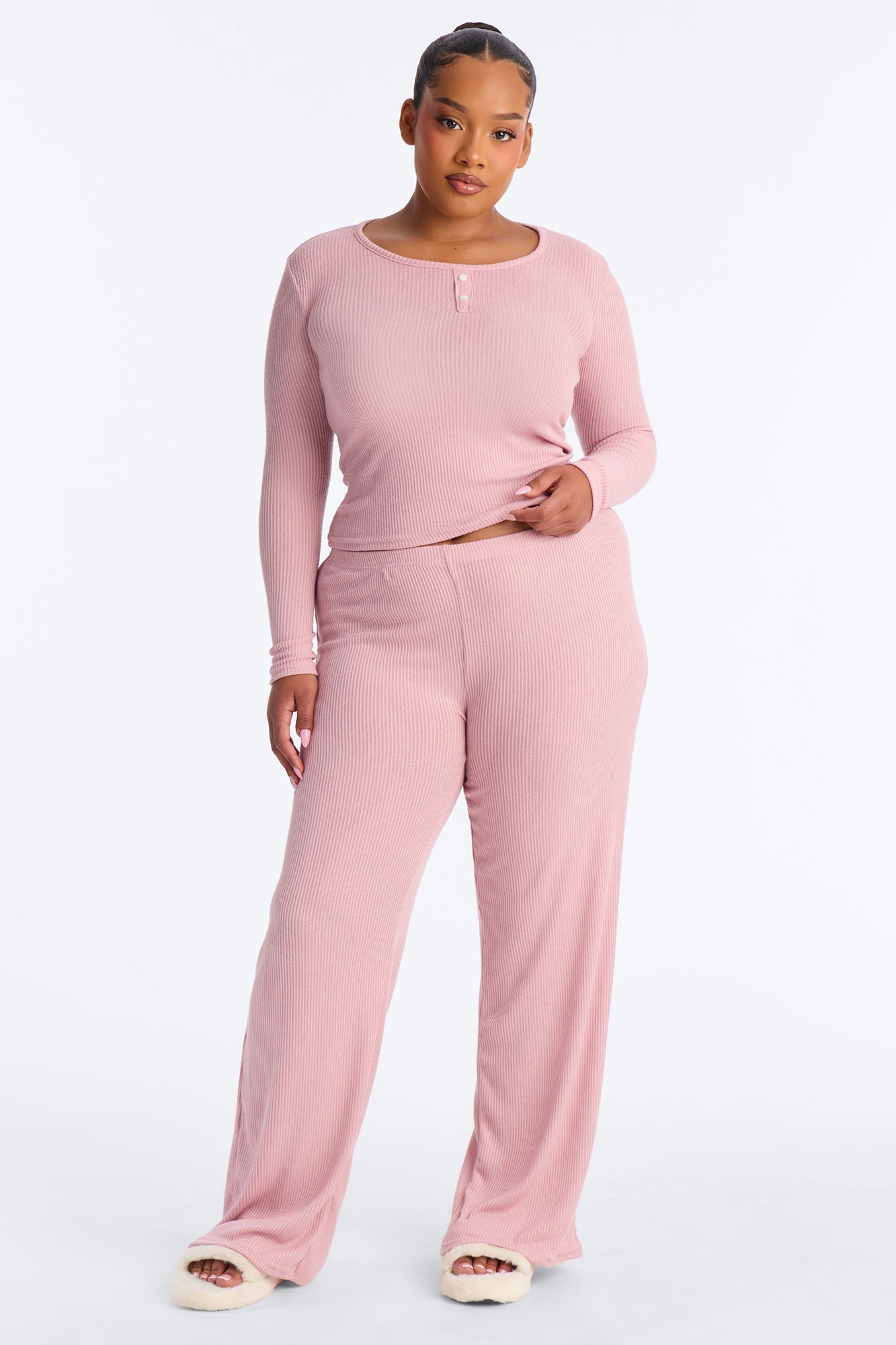 Slumber Haven Ribbed Long Sleeve PJ Pant Set - Mauve Fashion Nova