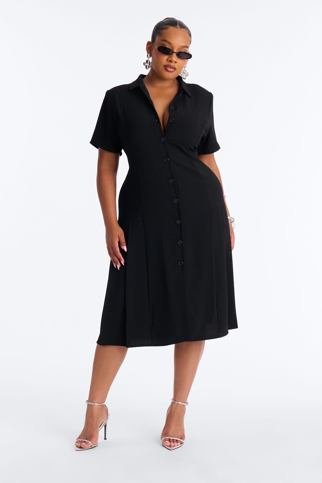 Delaney Button Up Pleated Midi Dress - Black Fashion Nova