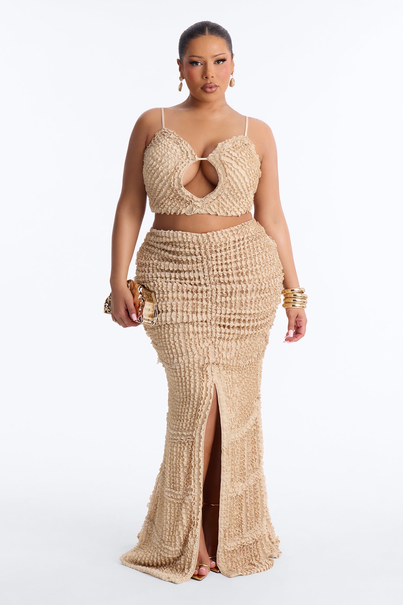 Kelsey Textured Maxi Skirt Set - Beige NEWFASHIONEDGE