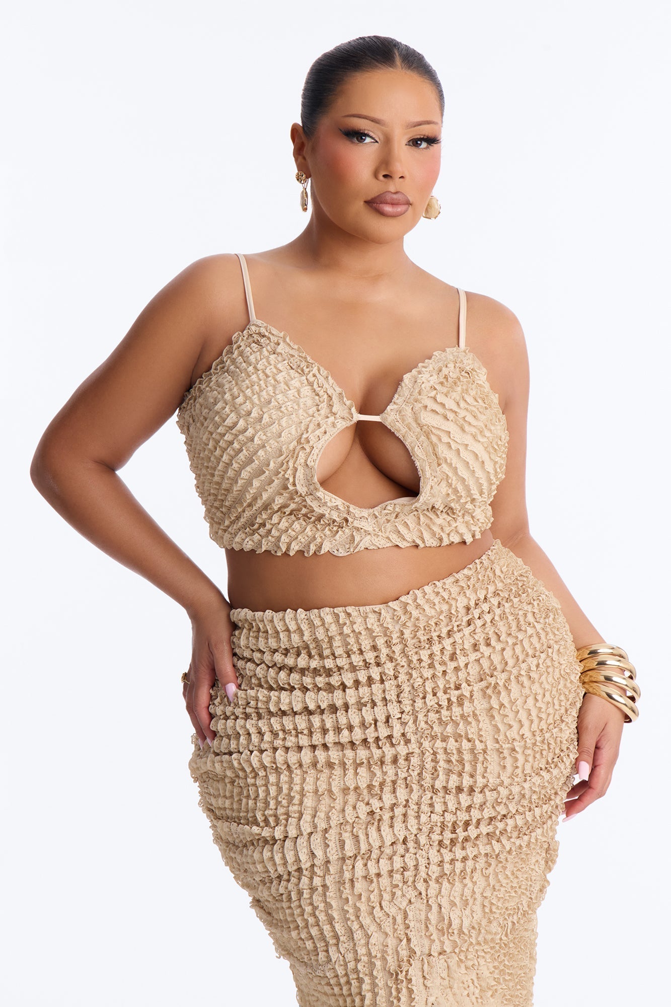 Kelsey Textured Maxi Skirt Set - Beige NEWFASHIONEDGE