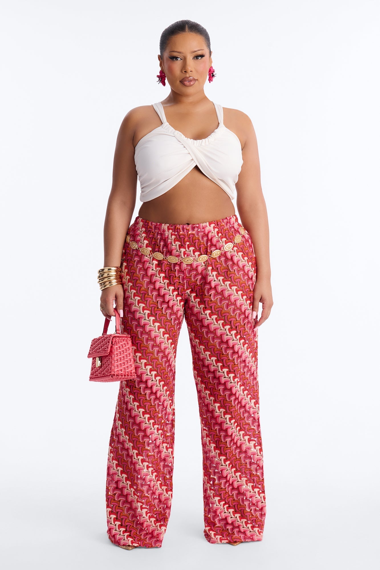 Sunset Seeker Low Rise Crochet Wide Leg Pant - Pink/combo NEWFASHIONEDGE