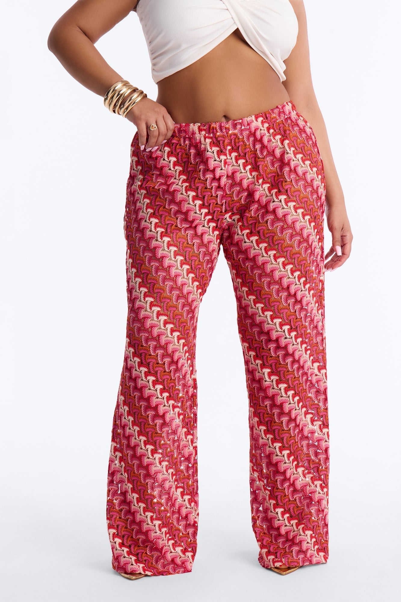 Sunset Seeker Low Rise Crochet Wide Leg Pant - Pink/combo NEWFASHIONEDGE