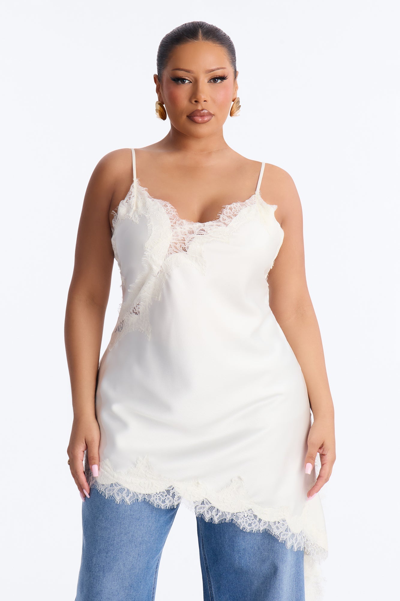 Taste Of Trouble Lace Trim Satin Top - Ivory NEWFASHIONEDGE