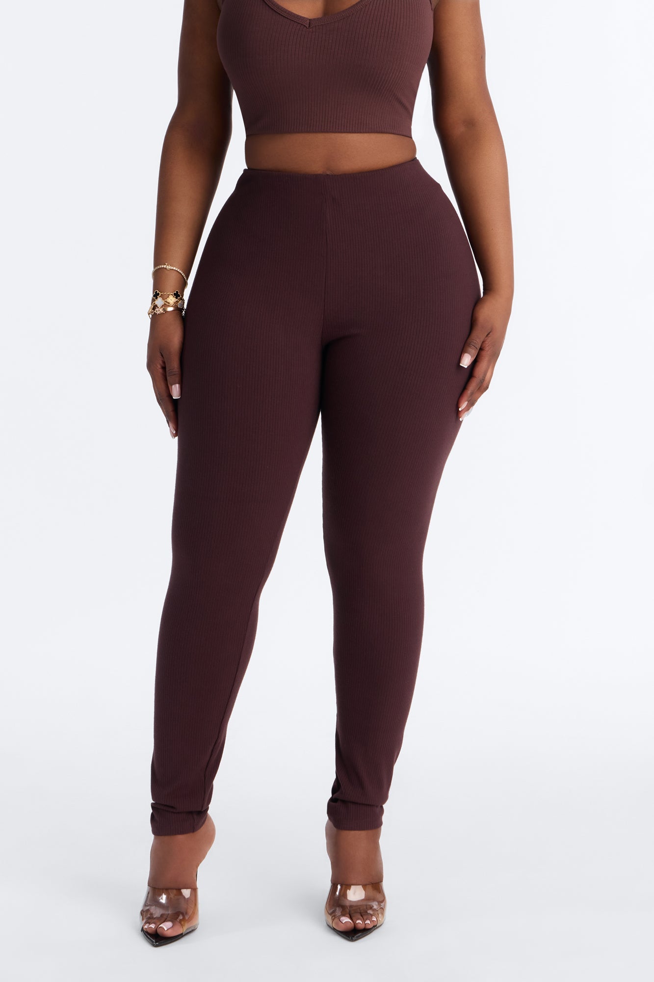 Ultra Ribbed Mid Rise Legging - Chocolate NEWFASHIONEDGE