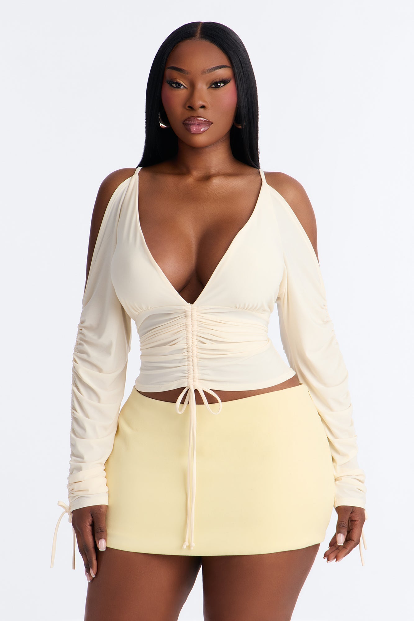 Genevieve Ruched Cold Shoulder Long Sleeve Top - Cream