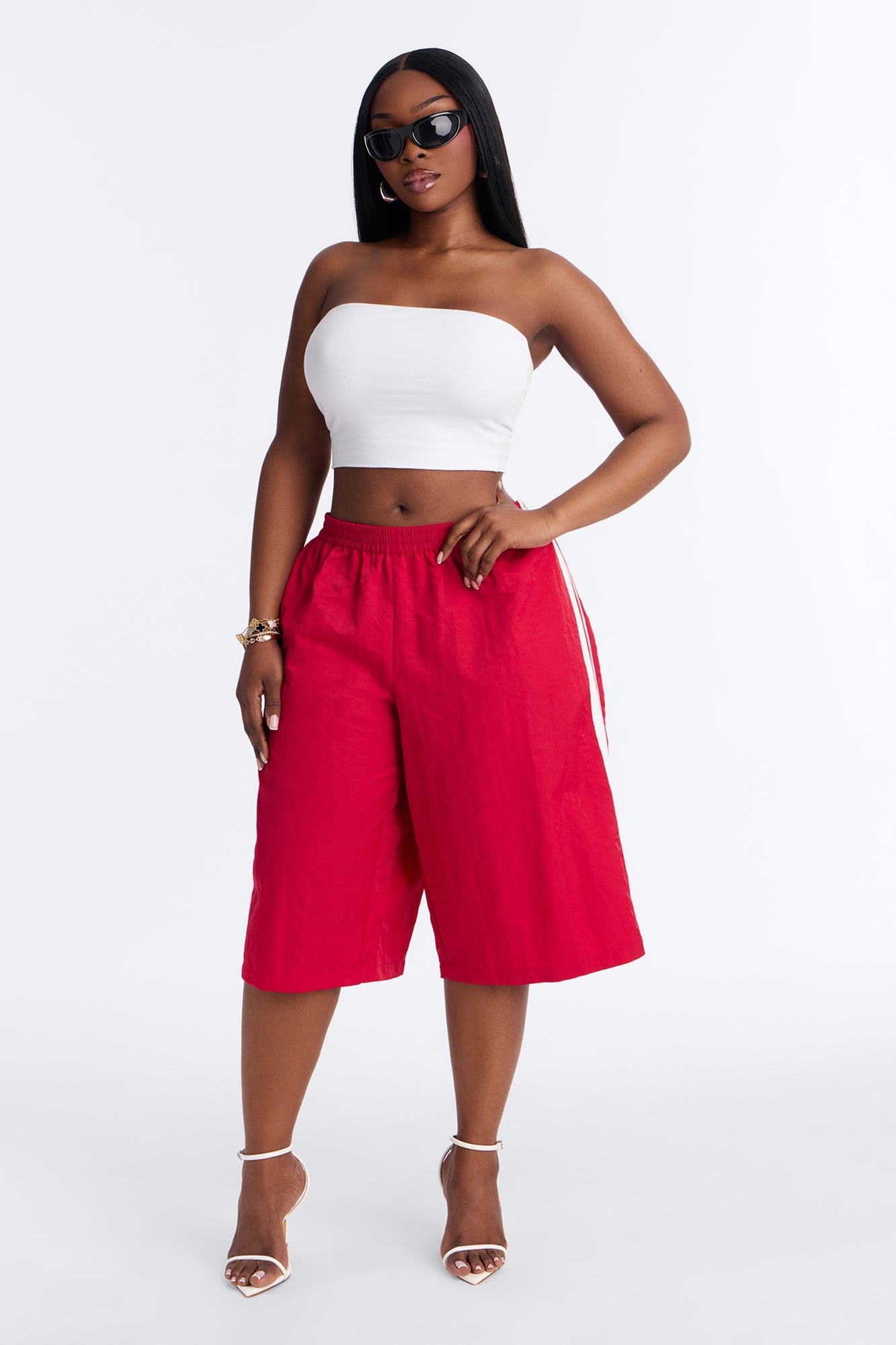 Can't Keep Up Striped Bermuda Track Short - Red/White Fashion Nova