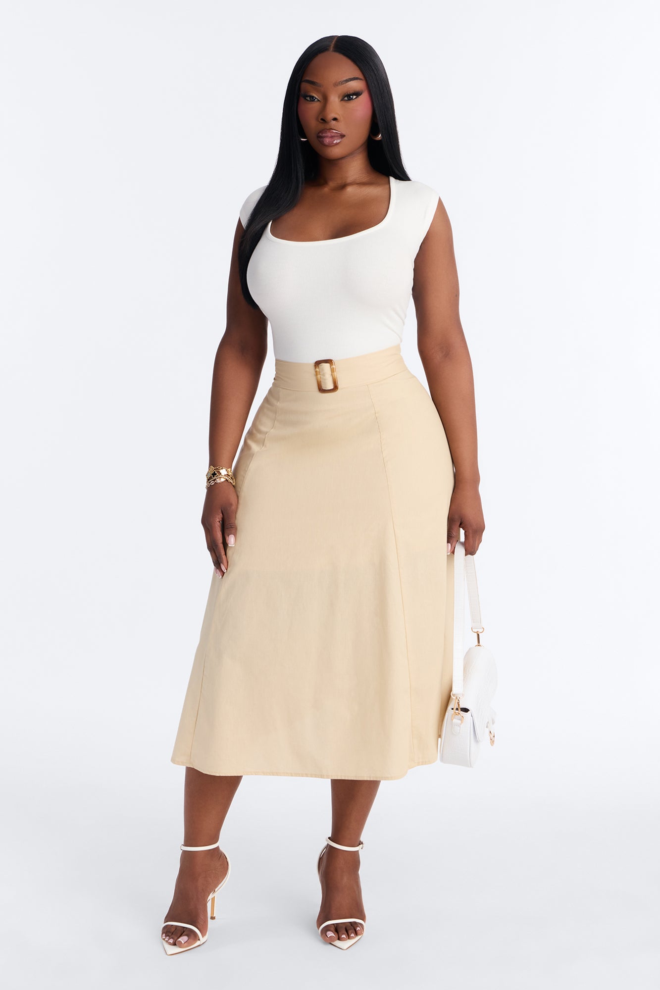 Sandra Contrast Belted Midi Dress - Taupe/combo Fashion Nova