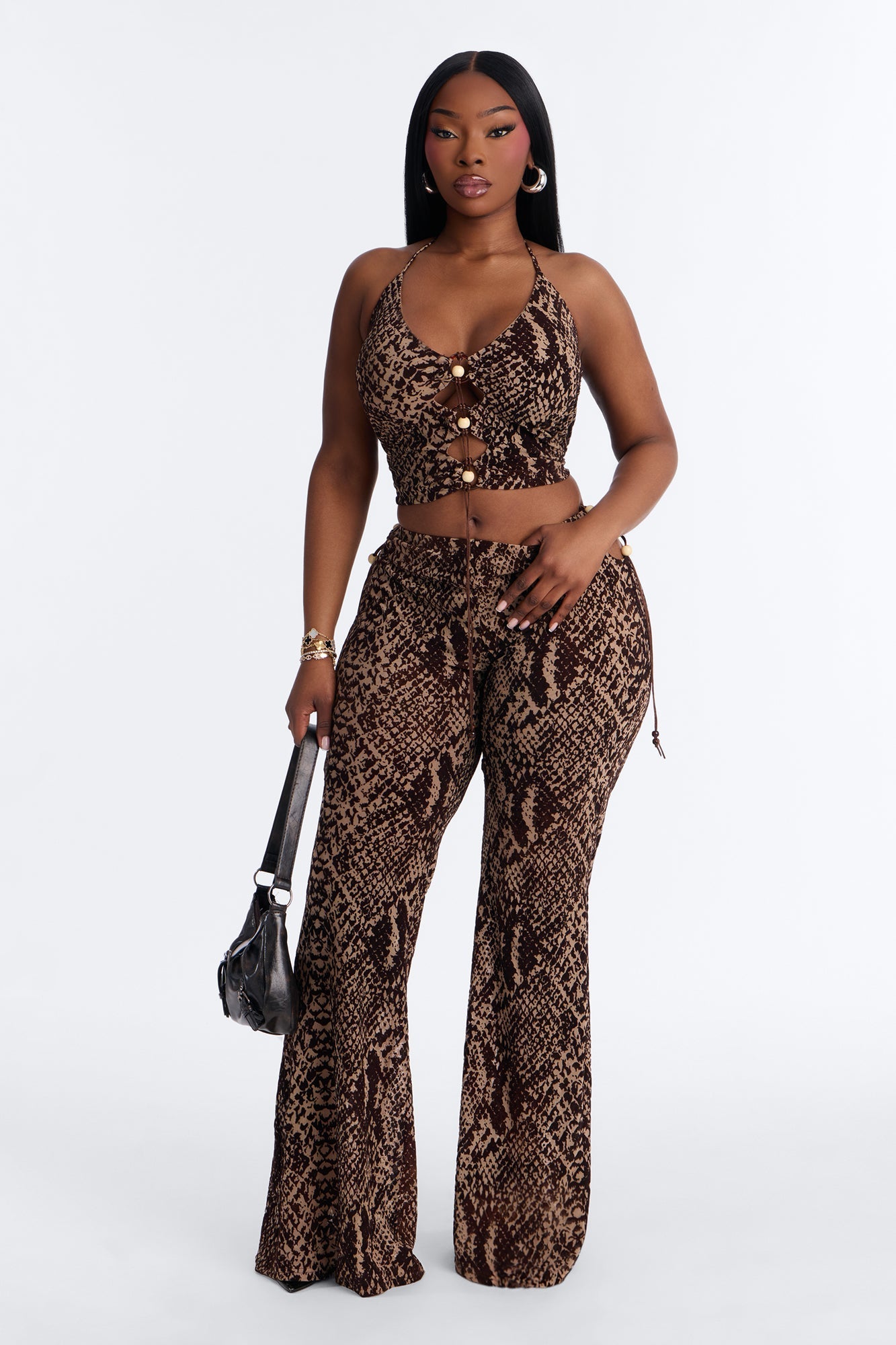Desert Viper Halter Mesh Pant Set - Brown NEWFASHIONEDGE