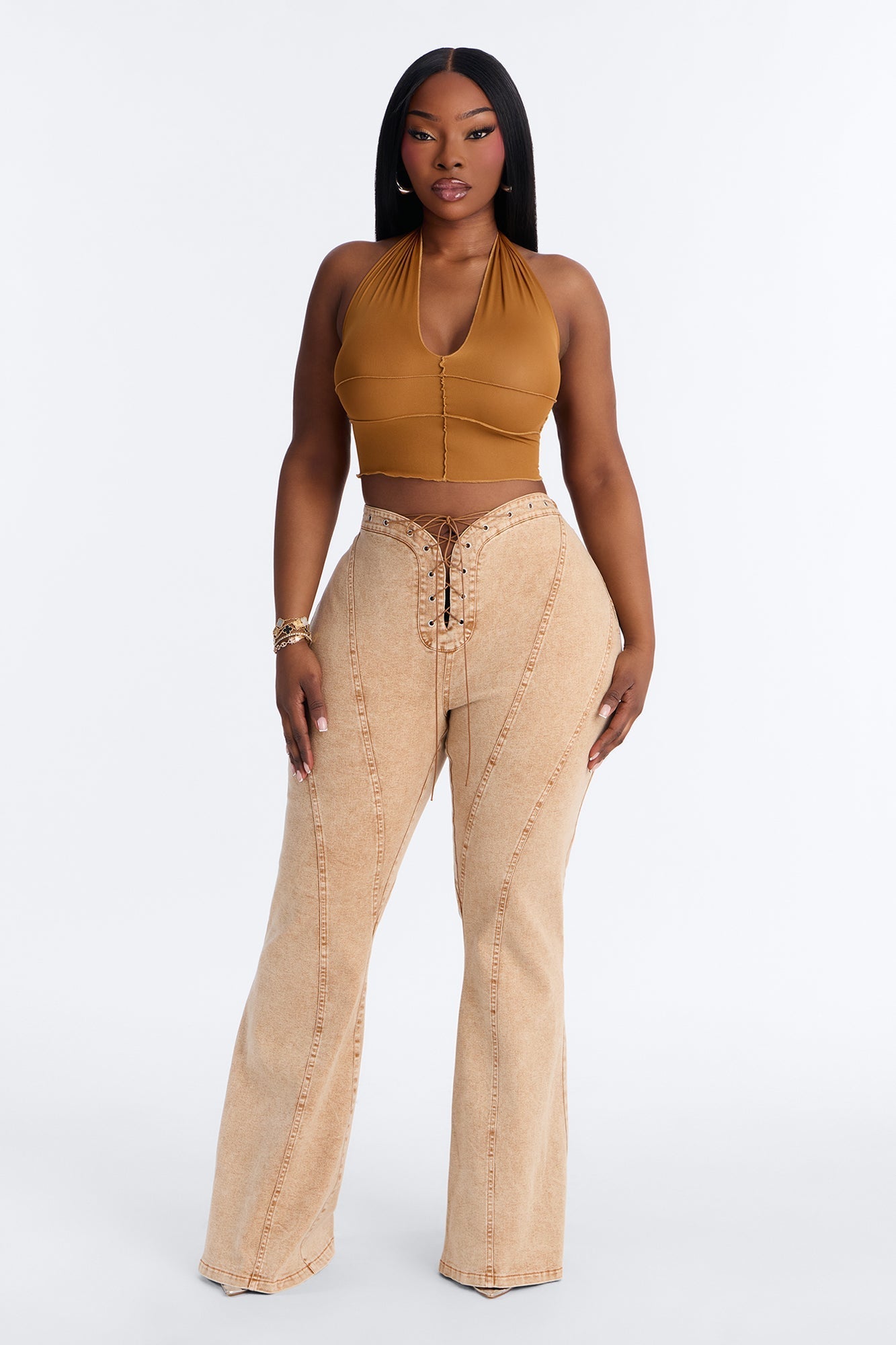 Run this Town Lace Up Washed Flared Pant - Brown