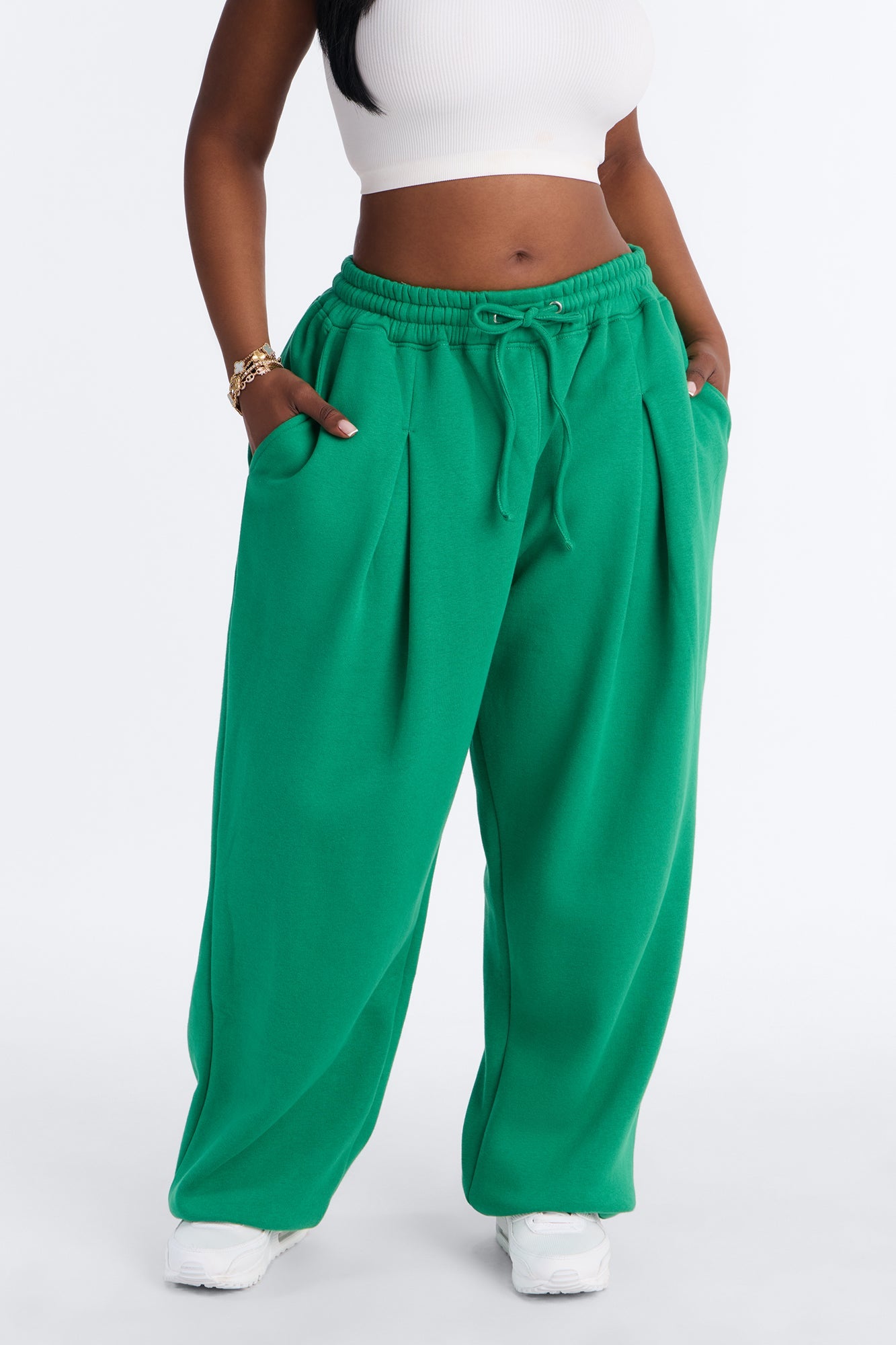 Mia Pleated Fleece Jogger Pants - Green NEWFASHIONEDGE