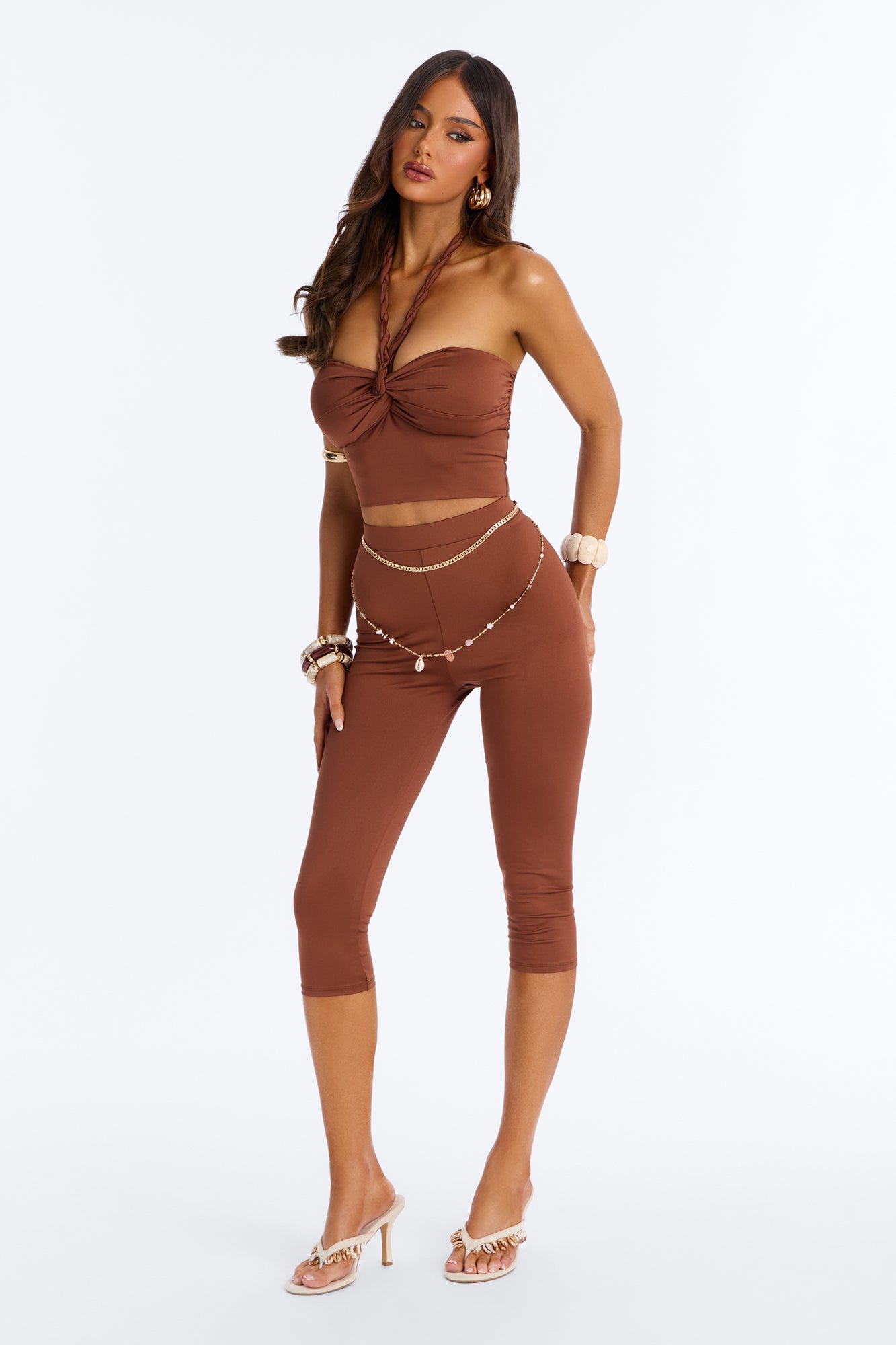 Bianca Braided Halter Capri Set - Brown NEWFASHIONEDGE
